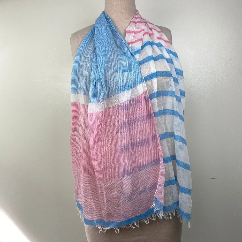 White, Pink & Blue Striped Fringe Scarf 100% Polyester 70